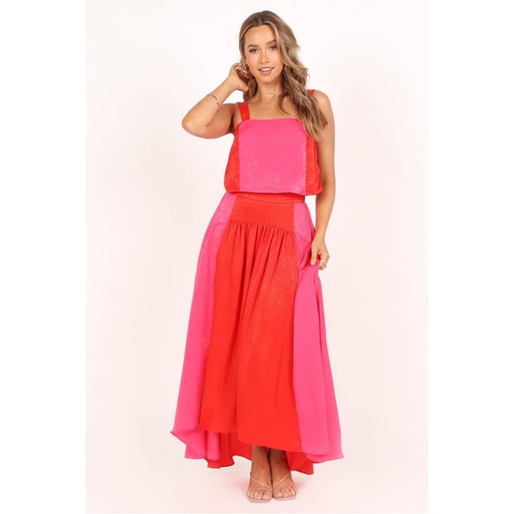 Petal & Pup Dresses & Skirts - Petal & Pup Lula Satin Red & Pink Colorblock Crop Tank High Low Maxi Skirt Set